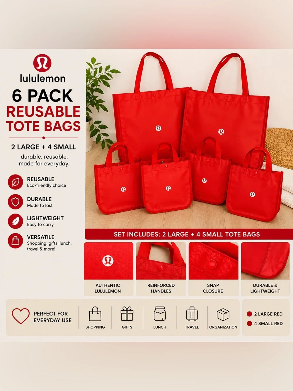 Lululemon Reusable Tote Bag Bundle | 2 Large + 4 Small | Red | Set of 6